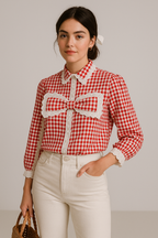 Red Gingham Lace Bow Blouse