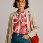 Red Gingham Lace Bow Blouse