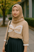 Beige Gingham Lace Bow Blouse