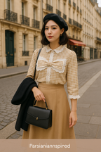 Beige Gingham Lace Bow Blouse