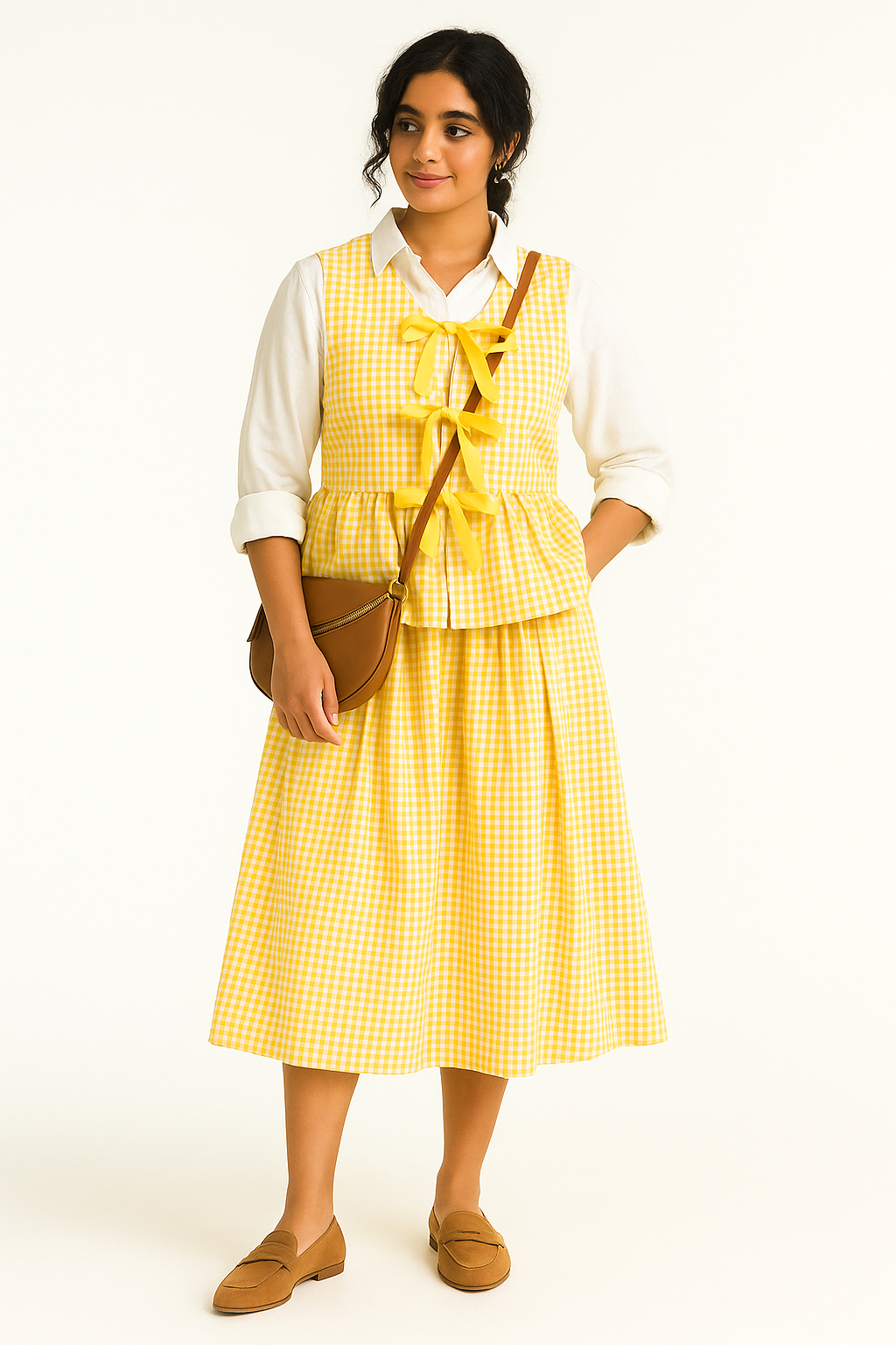 Yellow Gingham Layered Midi Dress | Women’s Qatar